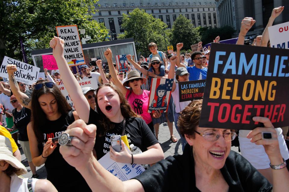 <p>Demonstrators march against the separation of immigrant families, on June 30, 2018 in New York. (Photo: Eduardo Munoz Alvarez/AFP/Getty Images) </p>