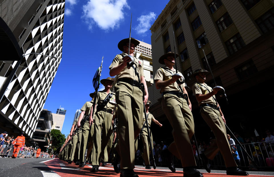 Defence forces veterans and active servicemen and women take part in an Anzac Day march through central Brisbane, Tuesday, April 25, 2017. Source: AAP