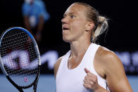 Kaia Kanepi of Estonia reacts after defeating Aryna Sabalenka of Belarus in their fourth round match at the Australian Open tennis championships in Melbourne, Australia, early Tuesday, Jan. 25, 2022.