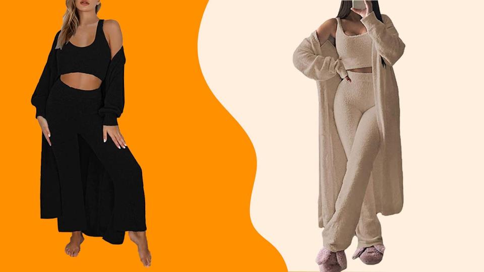 Mimic Kim Kardashian's signature style from her (many) SKIMS campaigns with the help of this three-piece fuzzy sweater, shirt, and matching pants from Amazon.