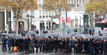 Heads of states and governments arrive to attend a commemoration ceremony for Armistice Day, 100 years after the end of World War One, at the Arc de Triomphe, in Paris, France, November 11, 2018. REUTERS/Yves Herman