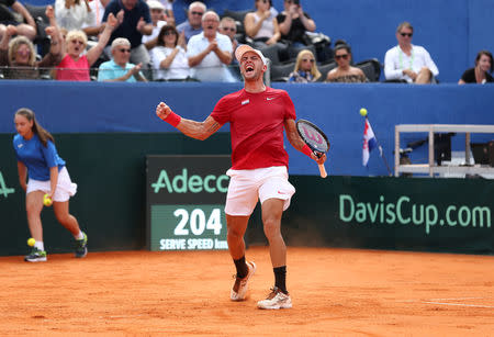 Tennis - Davis Cup - World Group Semi-Final - Croatia v United States - Sportski centar Visnjik, Zadar, Croatia - September 14, 2018 Croatia's Borna Coric celebrates winning his match against Steve Johnson of the U.S. REUTERS/Antonio Bronic