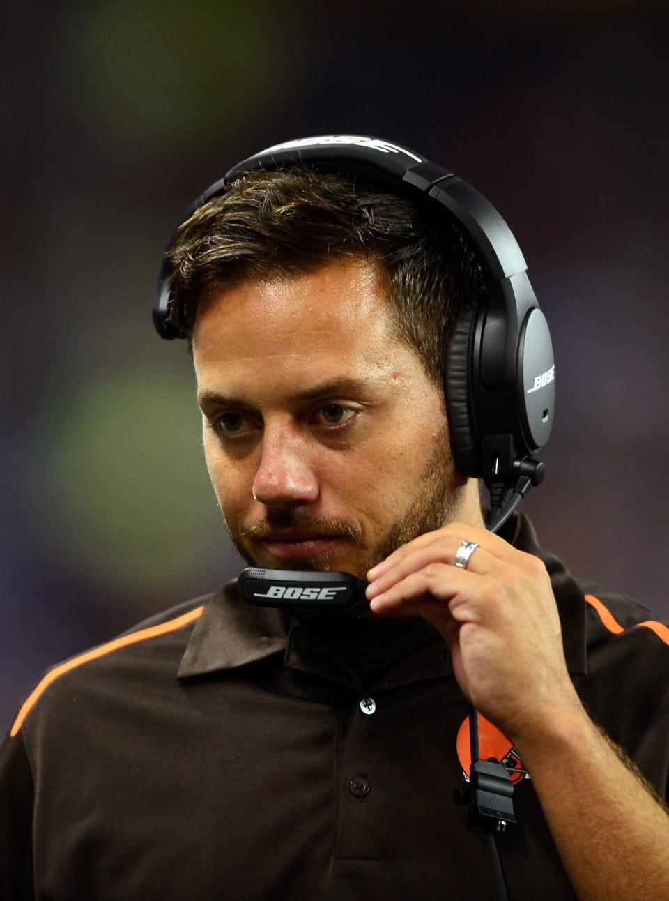 Aug 9, 2014; Detroit, MI, USA; Cleveland Browns wide receiver coach Mike McDaniel against the Detroit Lions at Ford Field. Mandatory Credit: Andrew Weber-USA TODAY Sports