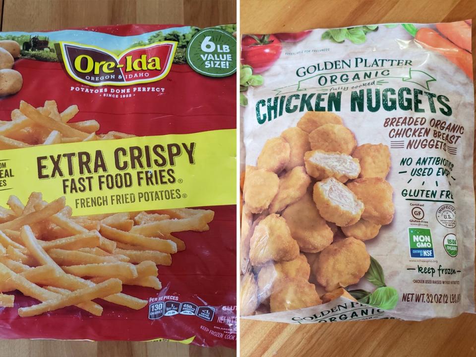 (left) bulk bag of ore-ida frozen french fries (right) bulk bag of frozen chicken nuggets