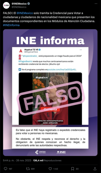 El INE también lo desmintió en su cuenta oficial de X, antes Twitter y recalca que el instituto únicamente tramita la credencial a ciudadanas y ciudadanos de nacionalidad mexicana.