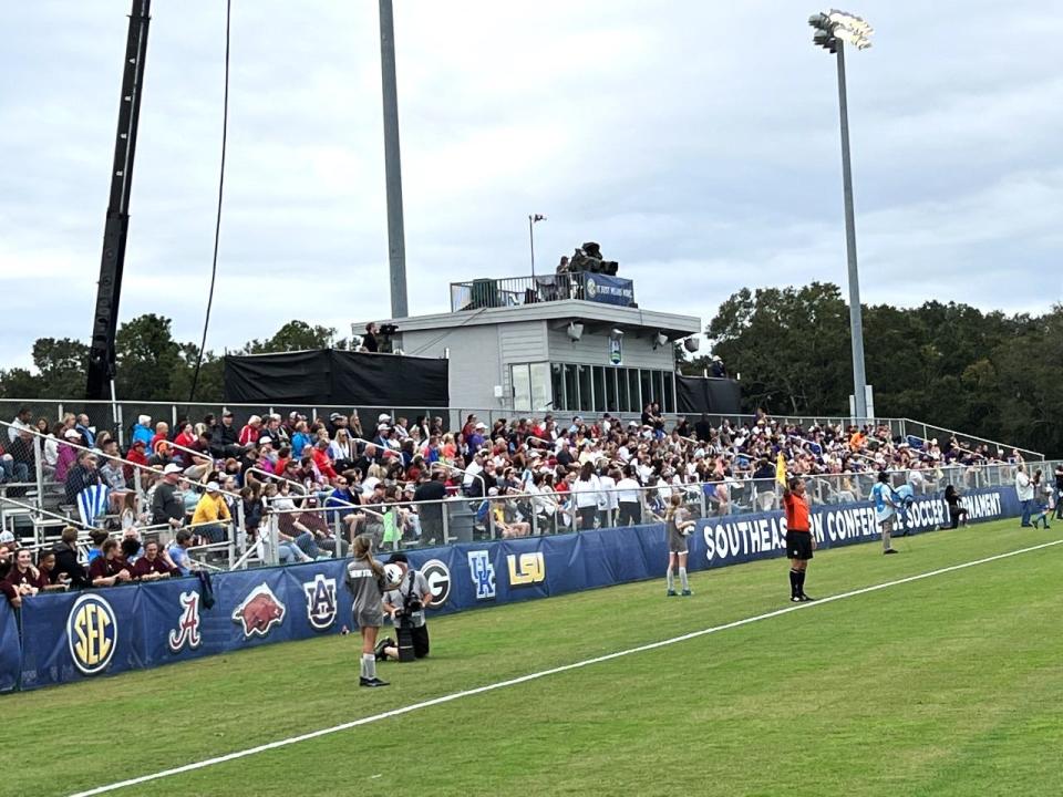An overflow crowd was part of the opening round game between LSU and Ole Miss in the debut of the SEC Women's Soccer Tournament on Sunday at Ashton Brosnaham Soccer Complex.