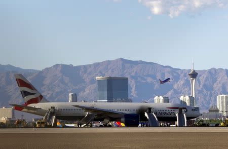 A British Airways passenger jet is shown after a fire at McCarran International Airport in Las Vegas September 8, 2015. REUTERS/Steve Marcus