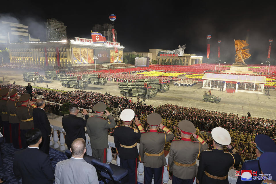 In this photo provided by the North Korean government, North Korean leader Kim Jong Un, seventh right, attends a military parade to mark the 70th anniversary of the armistice that halted fighting in the 1950-53 Korean War, on Kim Il Sung Square in Pyongyang, North Korea Thursday, July 27, 2023. Independent journalists were not given access to cover the event depicted in this image distributed by the North Korean government. The content of this image is as provided and cannot be independently verified. Korean language watermark on image as provided by source reads: "KCNA" which is the abbreviation for Korean Central News Agency. (Korean Central News Agency/Korea News Service via AP)