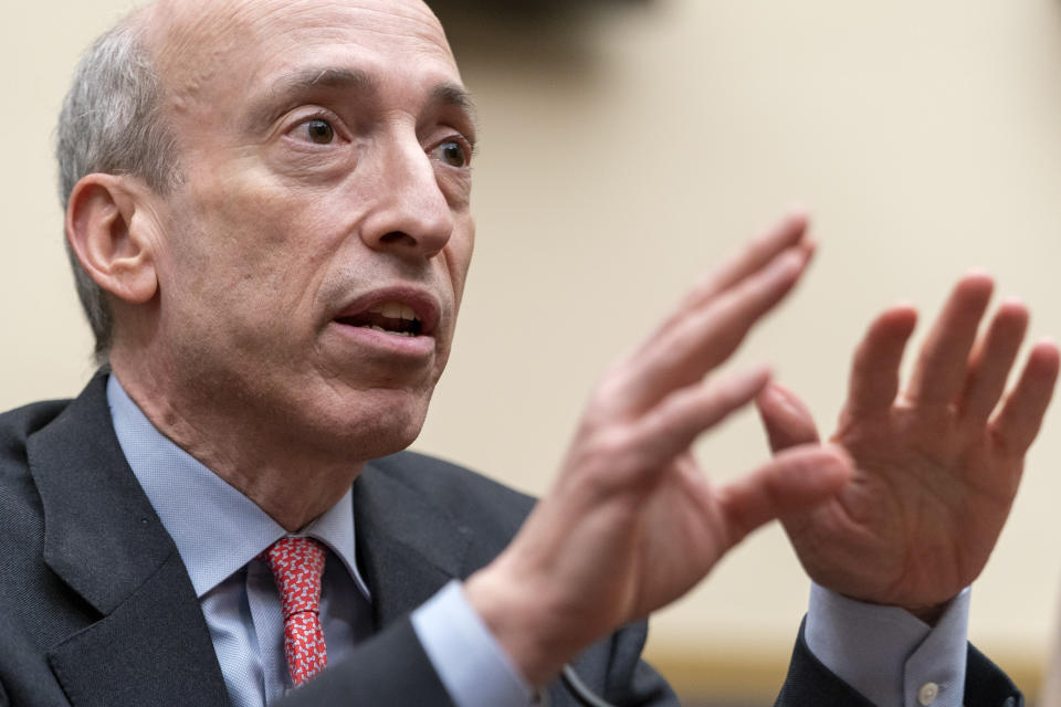 Securities and Exchange Commission (SEC) Chair Gary Gensler testifies during a House Financial Services Committee hearing on oversight of the SEC, Tuesday, April 18, 2023, on Capitol Hill in Washington. (AP Photo/Jacquelyn Martin)