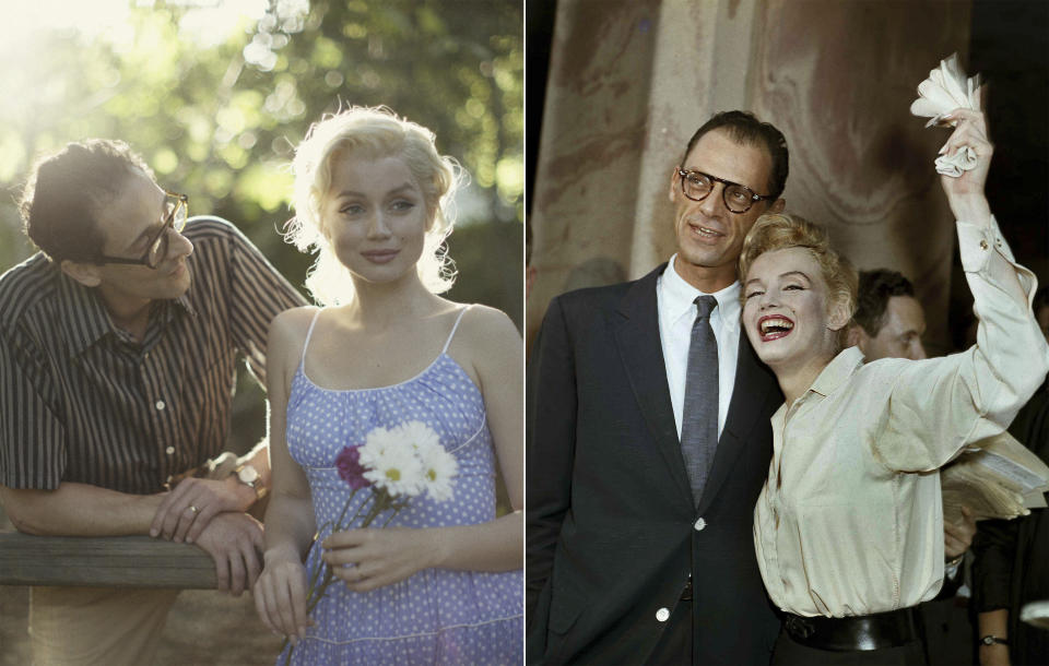 This combination of photos shows Adrien Brody with Ana de Armas, as Marilyn Monroe in a scene from "Blonde," left, and Arthur Miller and Marilyn Monroe after their civil wedding ceremony in White Plains, N.Y., on June 29, 1956. (Netflix via AP, left, and AP Photo)
