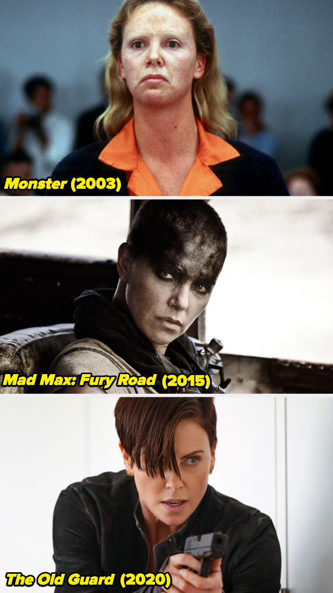 Stills of Charlize Theron in "Monster," "Mad Max: Fury Road," and "The Old Guard."