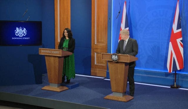 Nikita Kanani and Boris Johnson during a media briefing