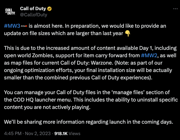 Call of Duty: Modern Warfare 3's 213GB storage hogging is because