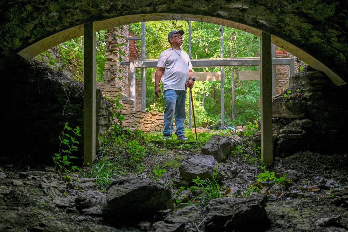 During a visit to the Quindaro Ruins, Anthony Hope views the ruins of an old brew house, including a brew cave.