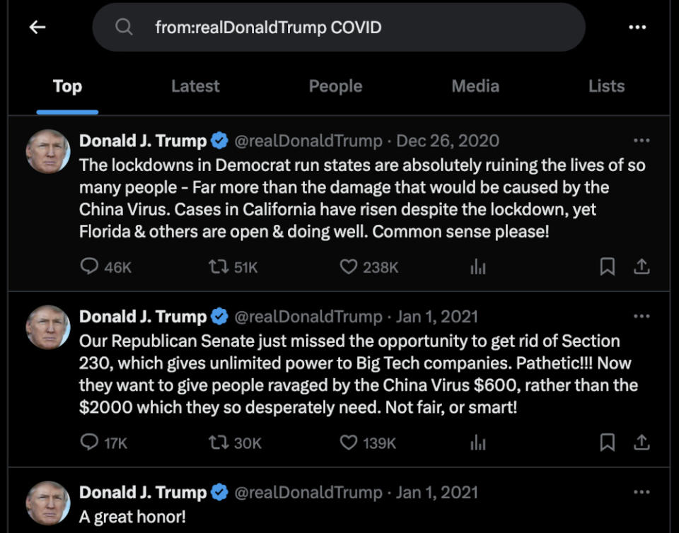 A screenshot of Donald Trump's tweets.