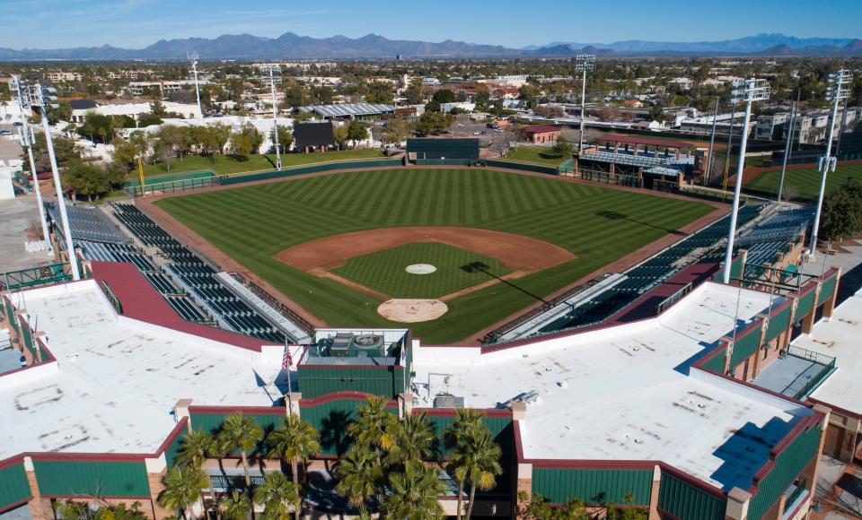 Aerial drone view of Scottsdale Stadium, Cactus League home of the San Francisco Giants, in Scottsdale on Jan. 8, 2019.
 Emmanuel Lozano, Michael Chow/The Republic
Aerial drone view of Scottsdale Stadium, Cactus League home of the San Francisco Giants, in Scottsdale on Jan. 8, 2019.