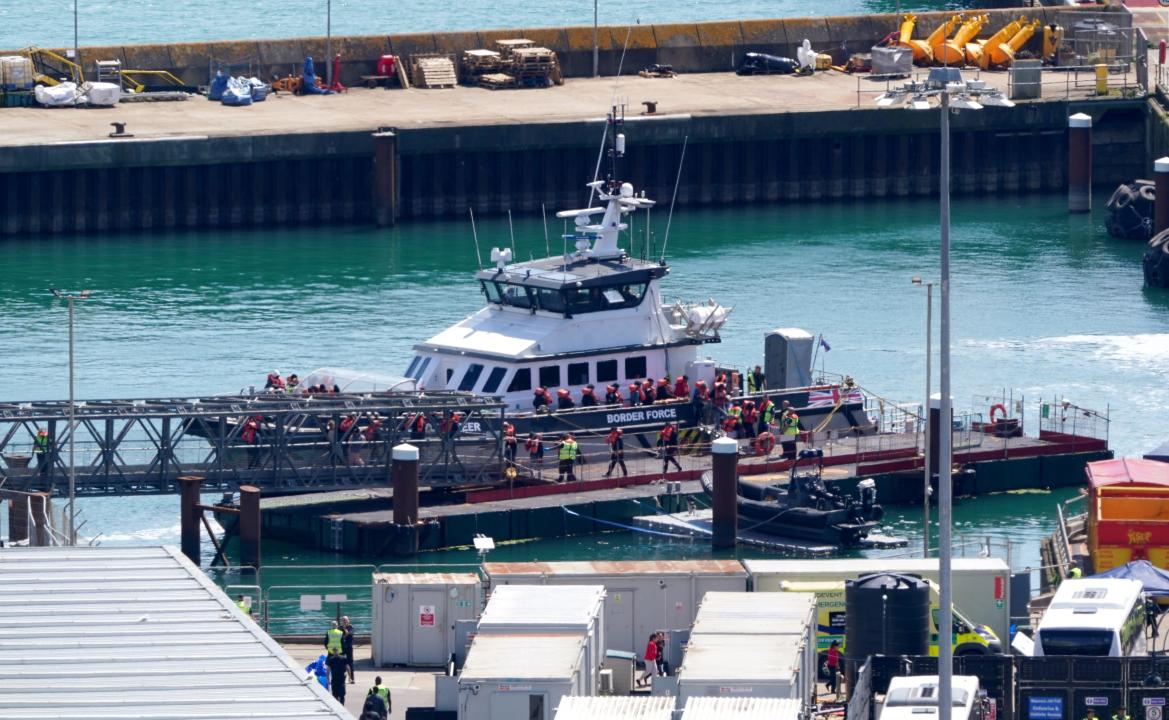 A group of people thought to be migrants are brought in to Dover, Kent, from a Border Force vessel following a small boat incident in the Channel, as migrant Channel crossings near 10,000 for the year so far. Picture date: Friday May 24, 2024.