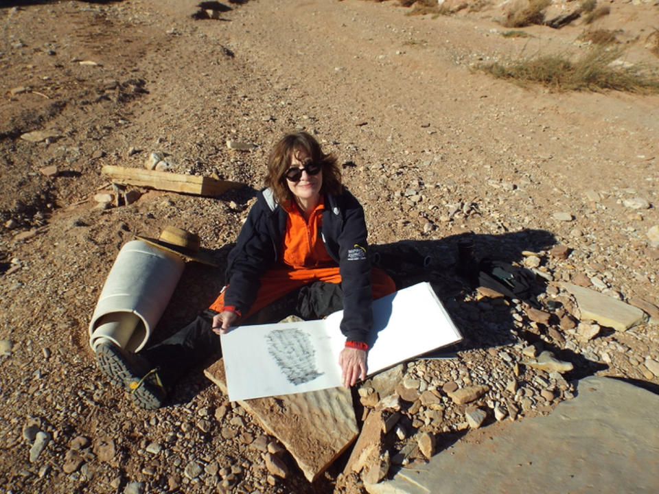 Me drawing honeycomb weathering on sandstone boulders at the Valley of the Stars. <cite>The Mars Society</cite>