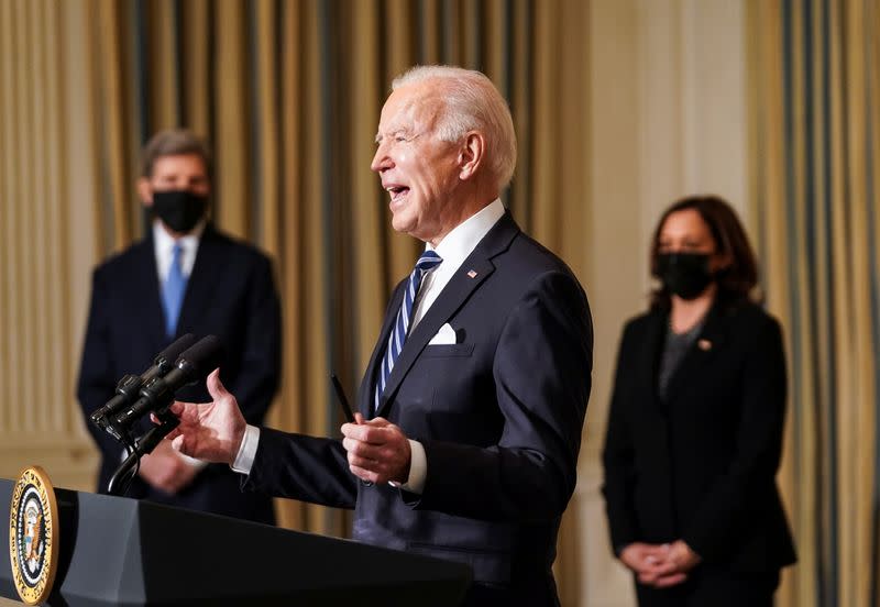 U.S. President Joe Biden speaks about administration plans to confront climate change at the White House ceremony in Washington