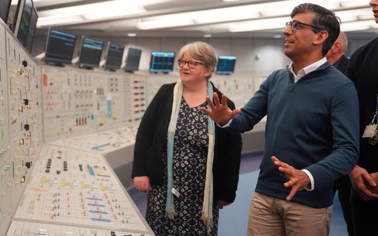 Rishi Sunak and Therese Coffey, a Tory former Cabinet minister, visit the training control room at the Sizewell nuclear power station in Suffolk