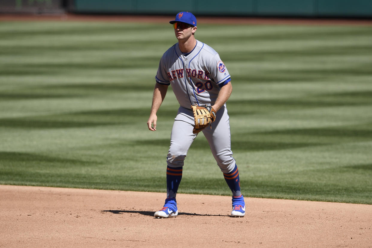 New York Mets' first baseman Pete Alonso stands on the field during a baseball game against the Washington Nationals, Thursday, March 28, 2019, in Washington. (AP Photo/Nick Wass)