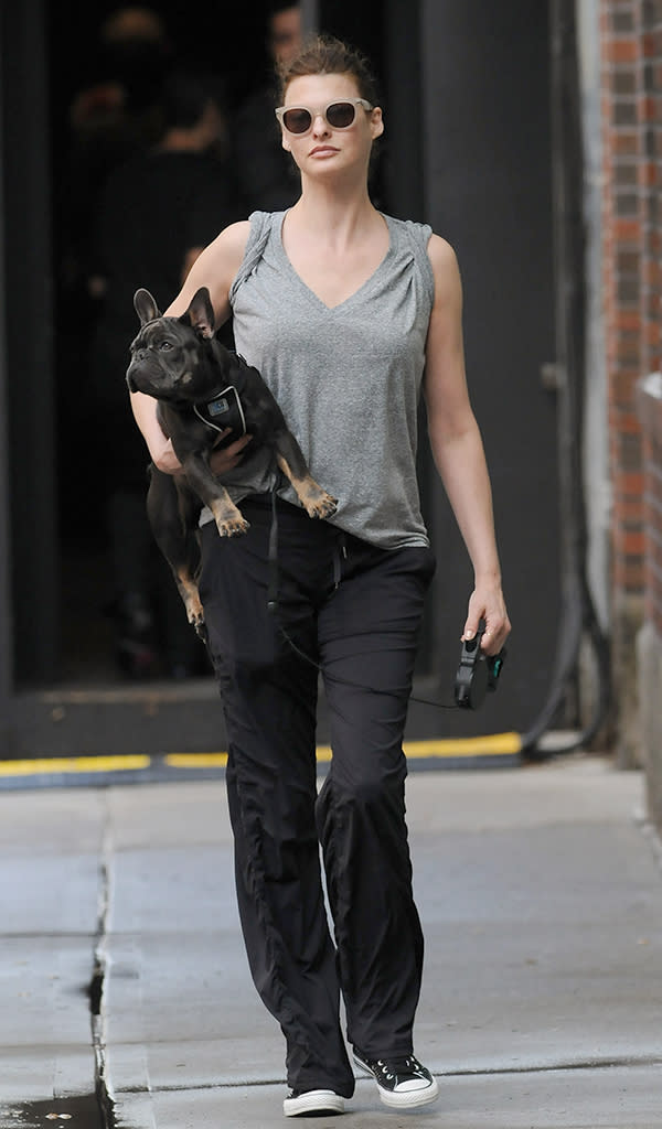 Linda Evangelista Walks Her Dog In New York City