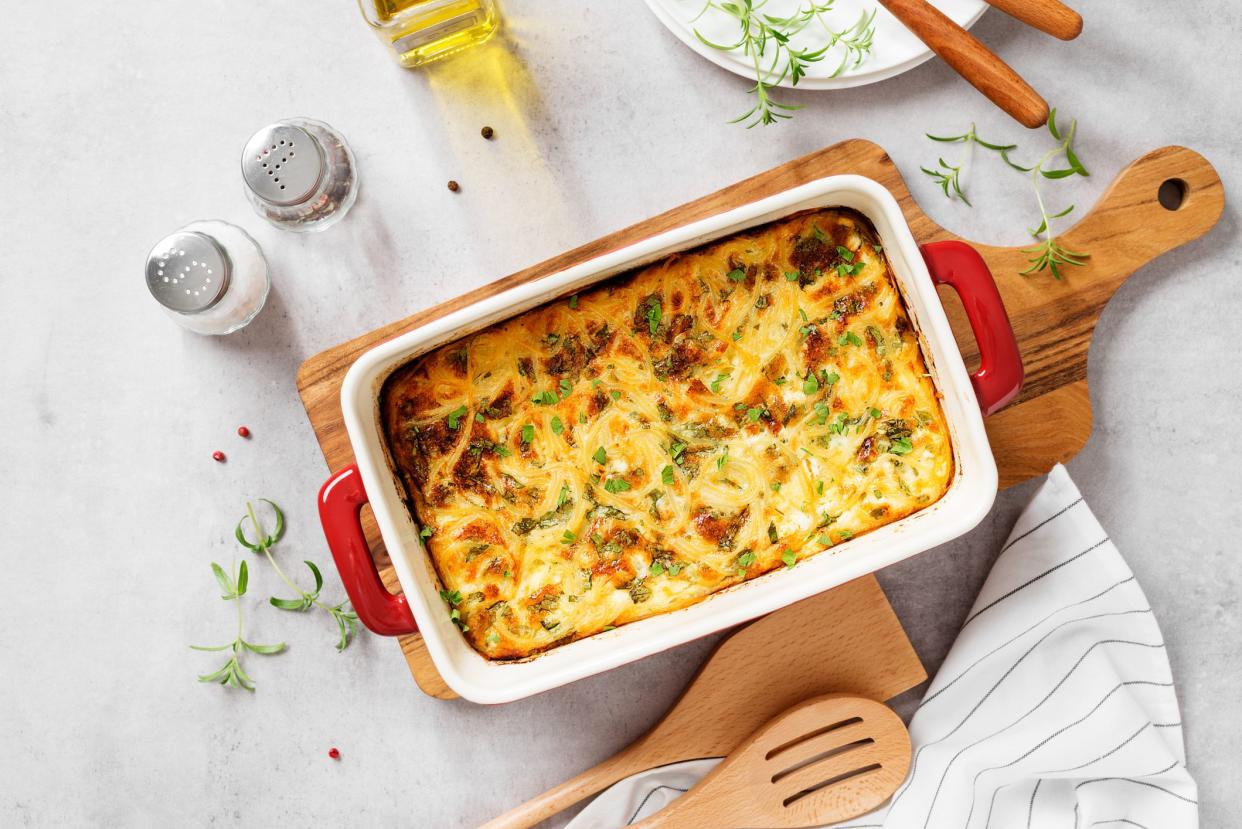 Homemade Spaghetti  Breakfast Casserole in a Baking Dish. Top view