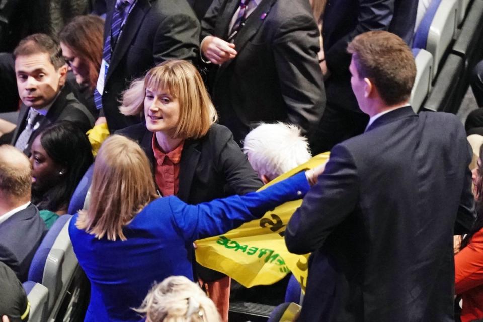 Tolga demonstration during Prime Minister Liz Truss speech during the Conservative Party annual conference at the International Convention Centre in Birmingham (PA)