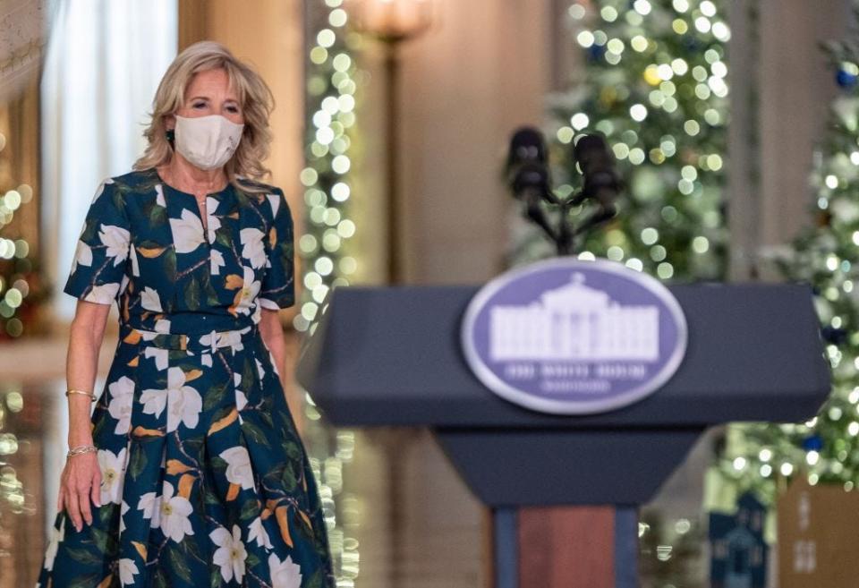 Jill Biden at the White House at Christmastime.