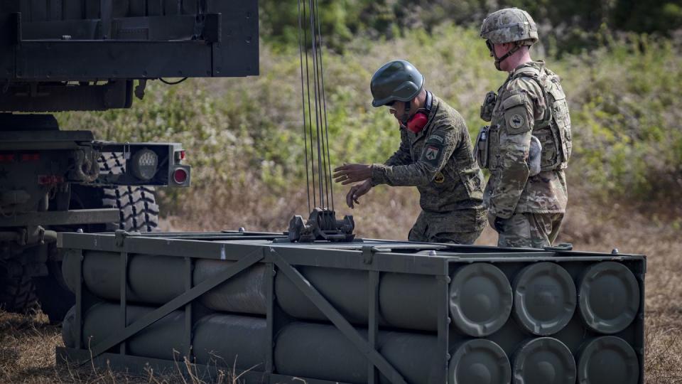 US and Philippine troops operate a High Mobility Artillery Rocket System during live-fire exercises on March 31, 2023 in Laur, Nueva Ecija, Philippines. (Ezra Acayan/Getty Images)