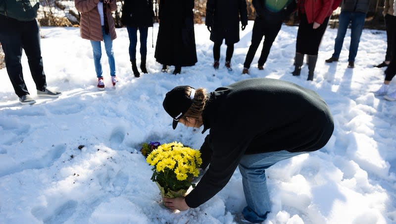 A bouquet of yellow daisies, Jordan Rasmussen’s favorite flower, is placed at his grave at Wasatch Lawn Memorial Park and Mortuary in Millcreek on March 5, 2023.