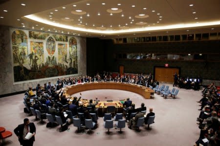 Members of the United Nations Security Council vote for ceasefire to Syrian bombing in eastern Ghouta, at the United Nations headquarters in New York, U.S., February 24, 2018. REUTERS/Eduardo Munoz