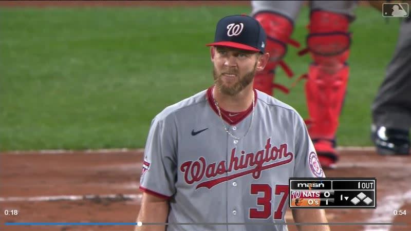 史特拉斯堡（Stephen Strasburg）疑似舊傷復發，先發僅投16球退場。（圖／翻攝自MLB官網）