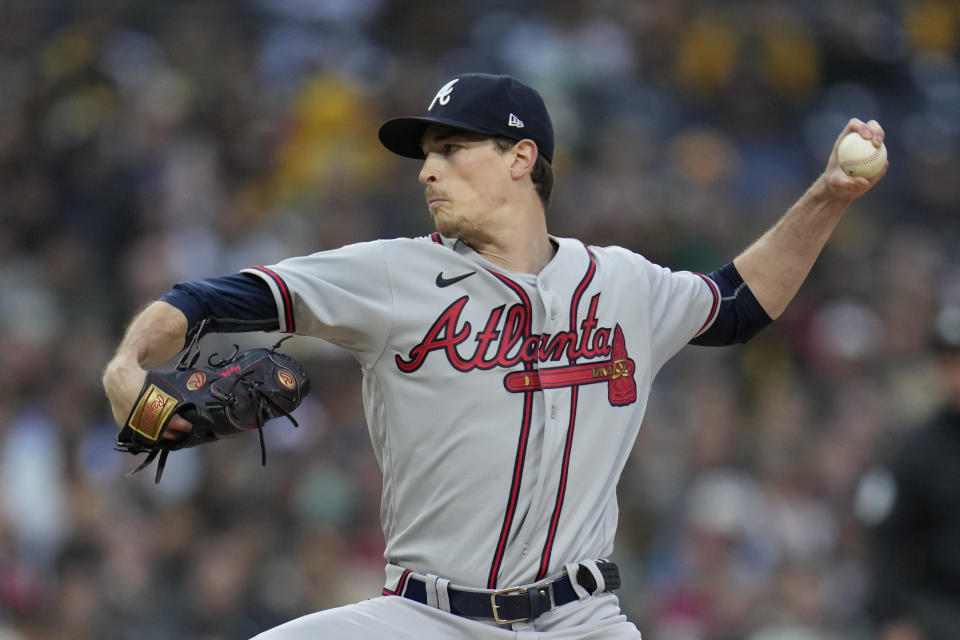 Atlanta Braves starting pitcher Max Fried works against a San Diego Padres batter during the first inning of a baseball game Monday, April 17, 2023, in San Diego. (AP Photo/Gregory Bull)