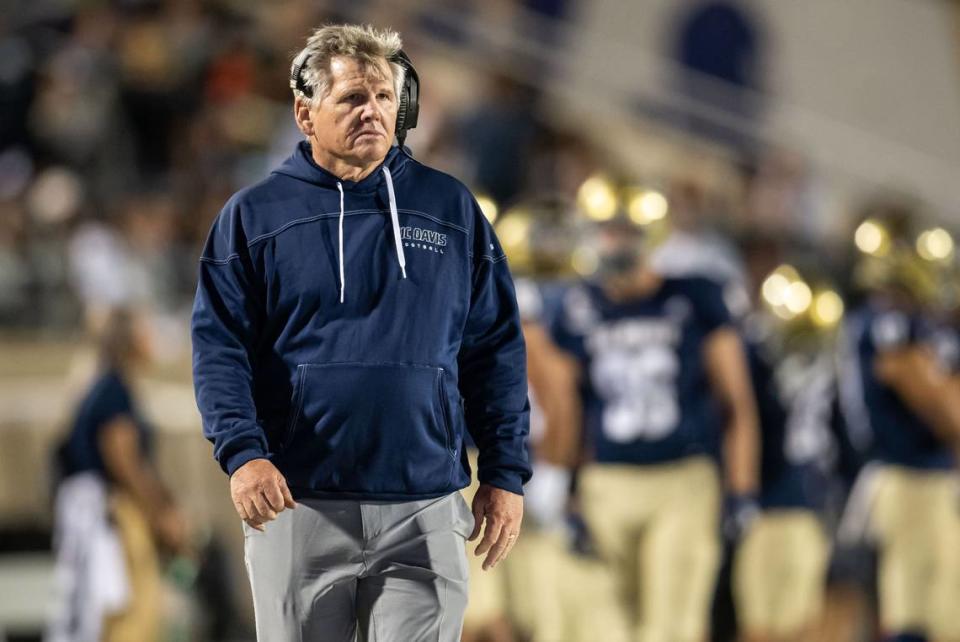 UC Davis Aggies head coach Dan Hawkins watches his team’s lead over the University of San Diego at the Aggies’ home opener in 2022.