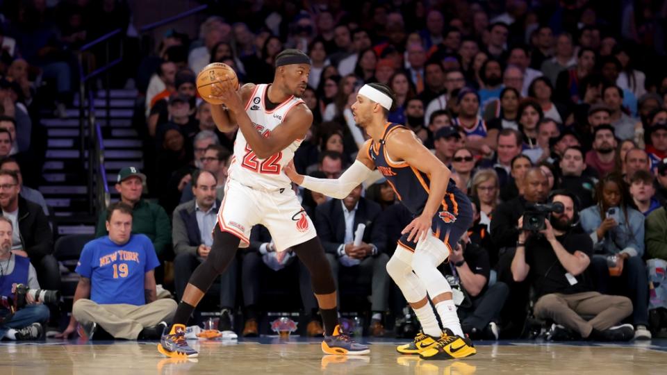 Mar 29, 2023; New York, New York, USA; Miami Heat forward Jimmy Butler (22) controls the ball against New York Knicks guard Josh Hart (3) during the fourth quarter at Madison Square Garden. Mandatory Credit: Brad Penner-USA TODAY Sports