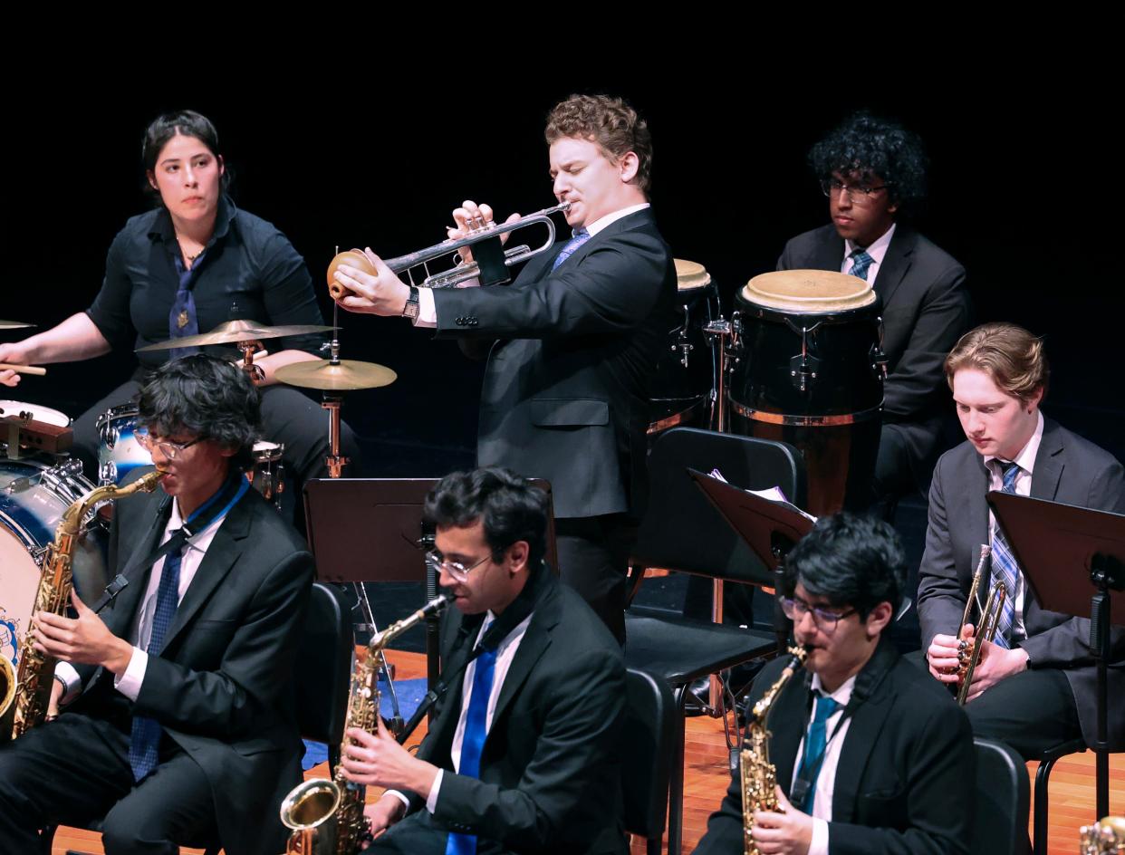 Benjamin Kahn plays solo trumpet with the Worcester Youth Jazz Band April 29 at St John’s High School.