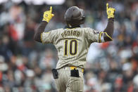 San Diego Padres' Jurickson Profar celebrates hitting a grand slam against the San Francisco Giants during the first inning of a baseball game in San Francisco, Saturday, April 6, 2024. (AP Photo/Kavin Mistry)