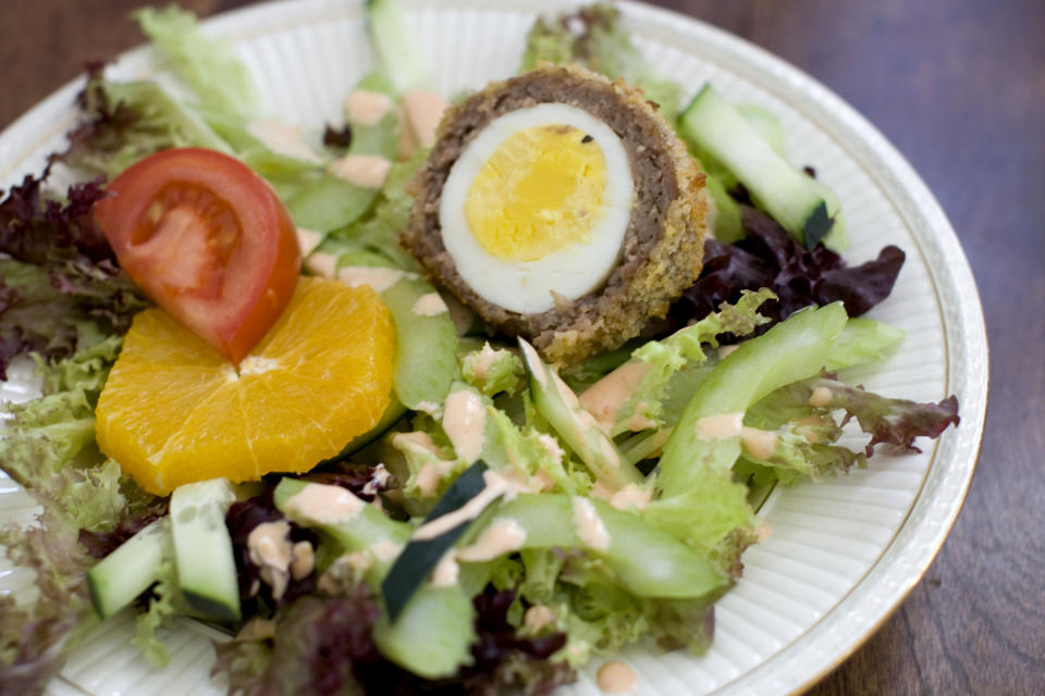 This March 17, 2014 photo shows baked Scotch eggs in Concord, N.H. (AP Photo/Matthew Mead)