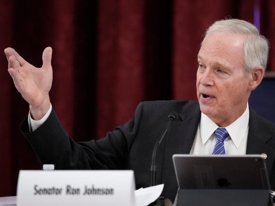 Sen. Ron Johnson (R-WI) speaks during a panel discussion titled COVID 19: A Second Opinion in the Kennedy Caucus Room of the Russell Senate Office Building on Capitol Hill on January 24, 2022 in Washington, DC.