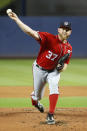 Washington Nationals' Stephen Strasburg pitches during the first inning of a baseball game against the Miami Marlins, Saturday, Sept. 21, 2019, in Miami. (AP Photo/Wilfredo Lee)