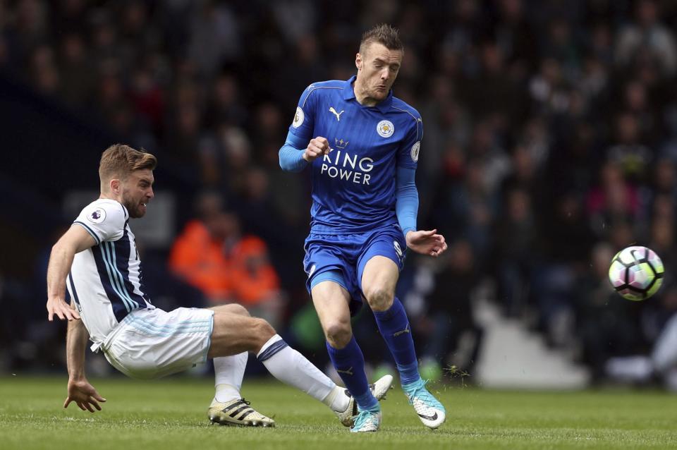<p>West Bromwich Albion’s James Morrison, left, and Leicester City’s Jamie Vardy in action </p>