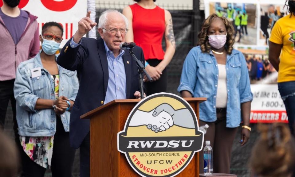 Bernie Sanders speaks at a rally in support of unionization at an Alabama Amazon facility on 26 March.