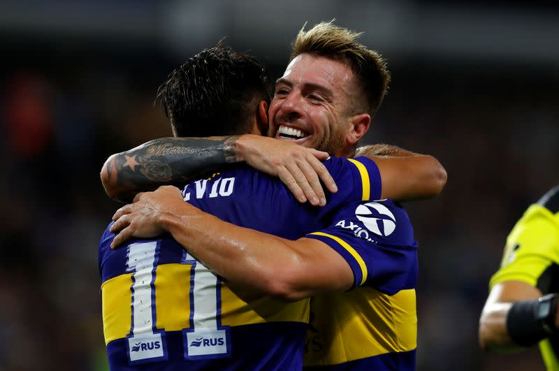 Foto del martes del jugador de Boca Juniors Eduardo Salvio celebrando tras anotar contra Independiente de Medellin por la Copa Libertadores.