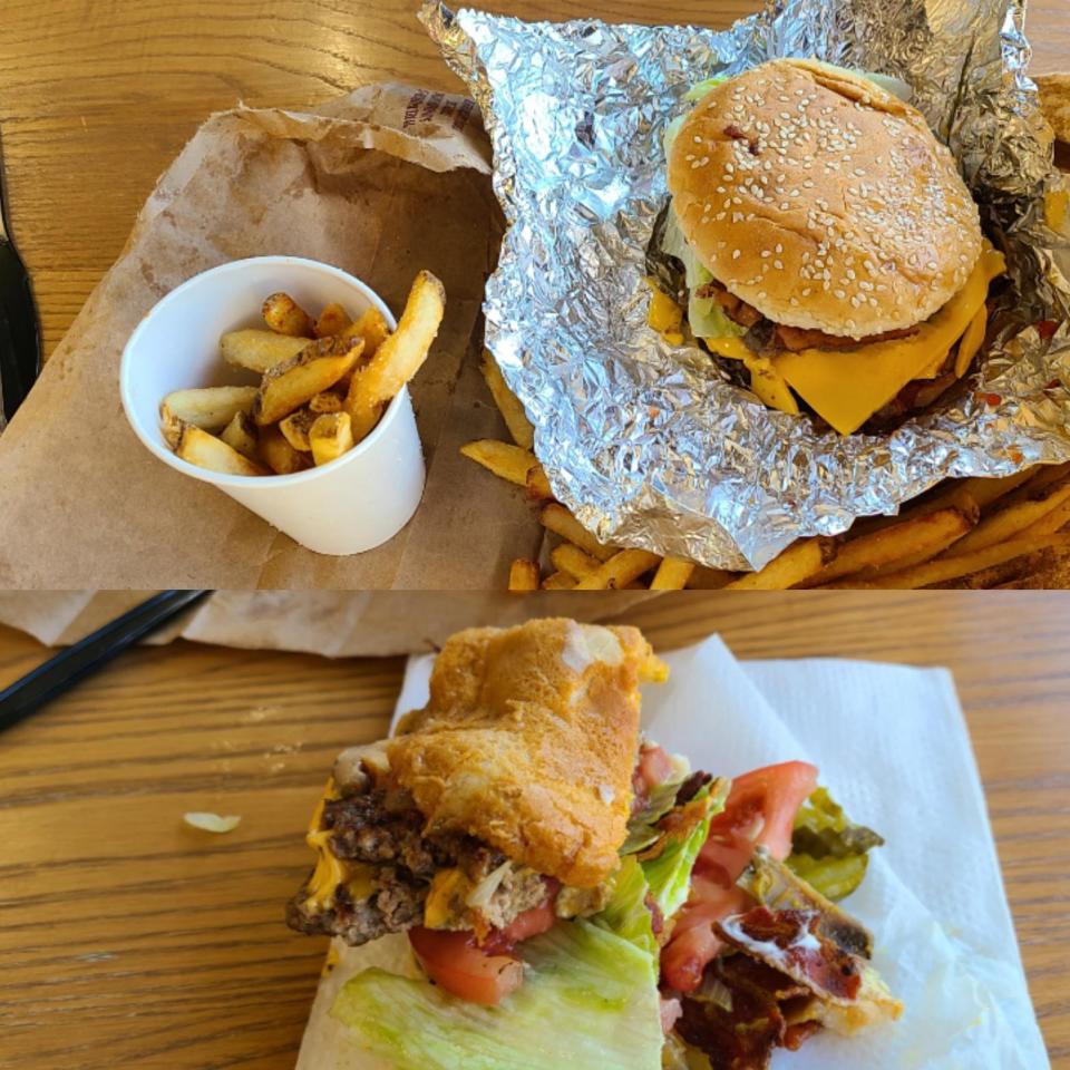 On top: What our Five Guys cheeseburger looked like when ready. Below: One bite in, it fell apart.