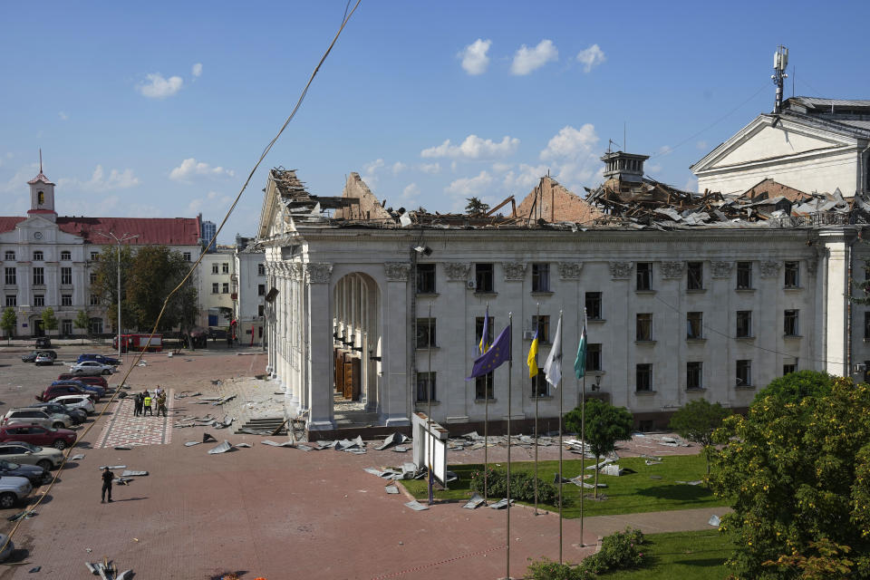 Taras Shevchenko Chernihiv Regional Academic Music and Drama Theatre is seen damaged by Russian attack in Chernihiv, Ukraine, Saturday, Aug. 19, 2023. (AP Photo/Efrem Lukatsky)