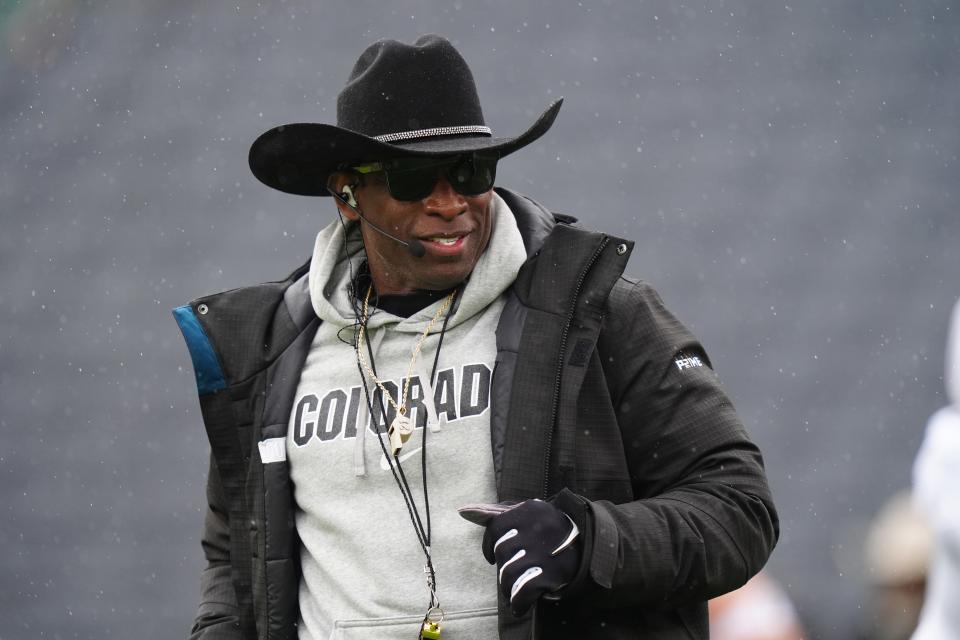 Colorado head coach Deion Sanders looks on during the Buffaloes' spring game event at Folsom Field.