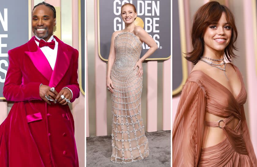 Billy Porter, Jessica Chasten and Jenna Ortega. (Getty Images; Robert Gauthier / Los Angeles Times)