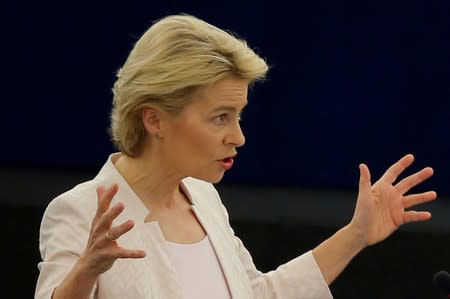 Designated European Commission President von der Leyen delivers a speech during a debate on her election at the European Parliament in Strasbourg