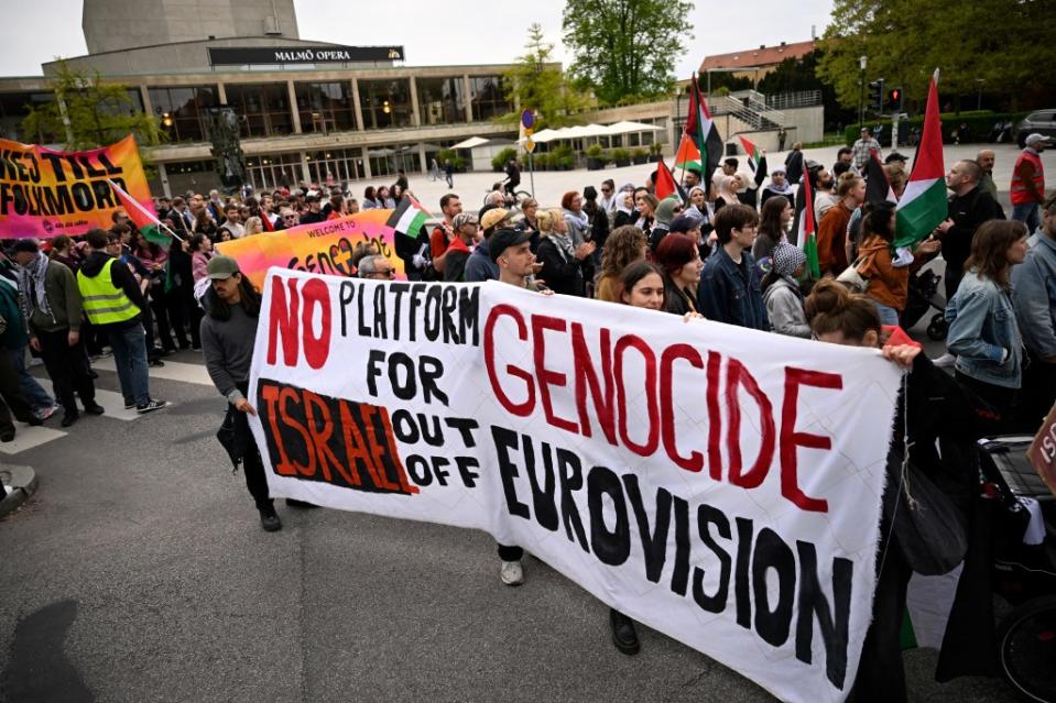 Up to 12,000 people — including Swedish climate activist Greta Thunberg — converged in Malmo’s historic Stortorget square near the city’s town hall before marching toward the Eurovision venue. AFP via Getty Images